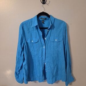 Lauren Ralph Lauren Women's 100% Linen Button Down Shirt Blue Lagenlook. Sz XL